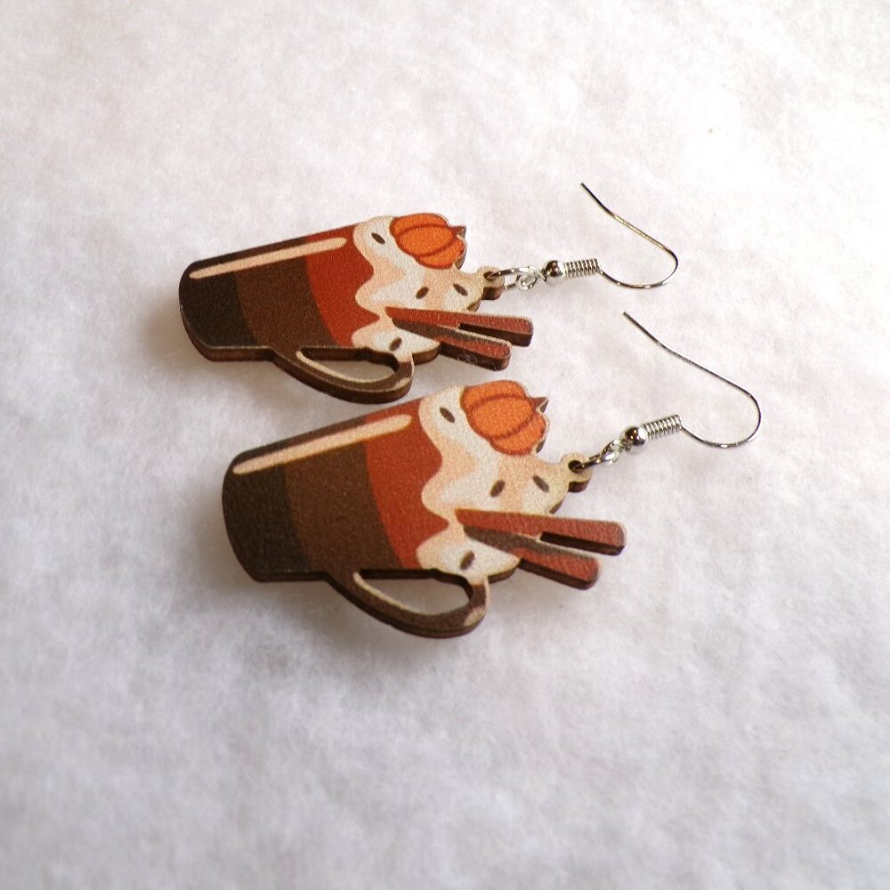 Pumpkin Spice Coffee Earrings Wood Dangle - Picture 3 of 5